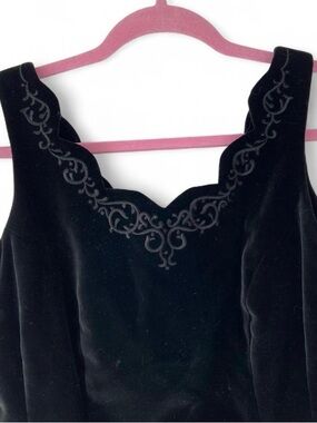 Vintage Laura Ashley Black Velvet Midi Dress with Scalloped Embroidered Neckline